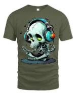 Meditate and Vibrate Tee, Relaxed Skull Music T-Shirt - military green t-shirt on white background