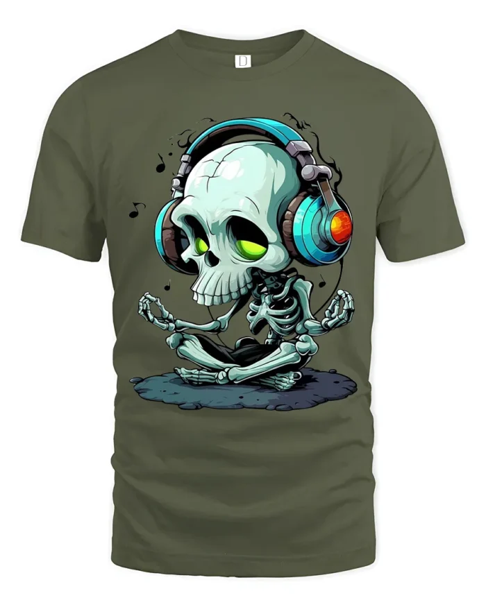 Meditate and Vibrate Tee,  Relaxed Skull Music T-Shirt - military green t-shirt on white background