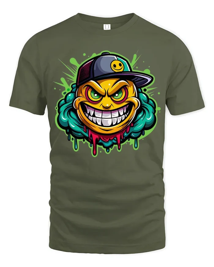 Grinning Emoji Gangster Tee,  Funny Smiley Face T-Shirt - military green t-shirt on white background