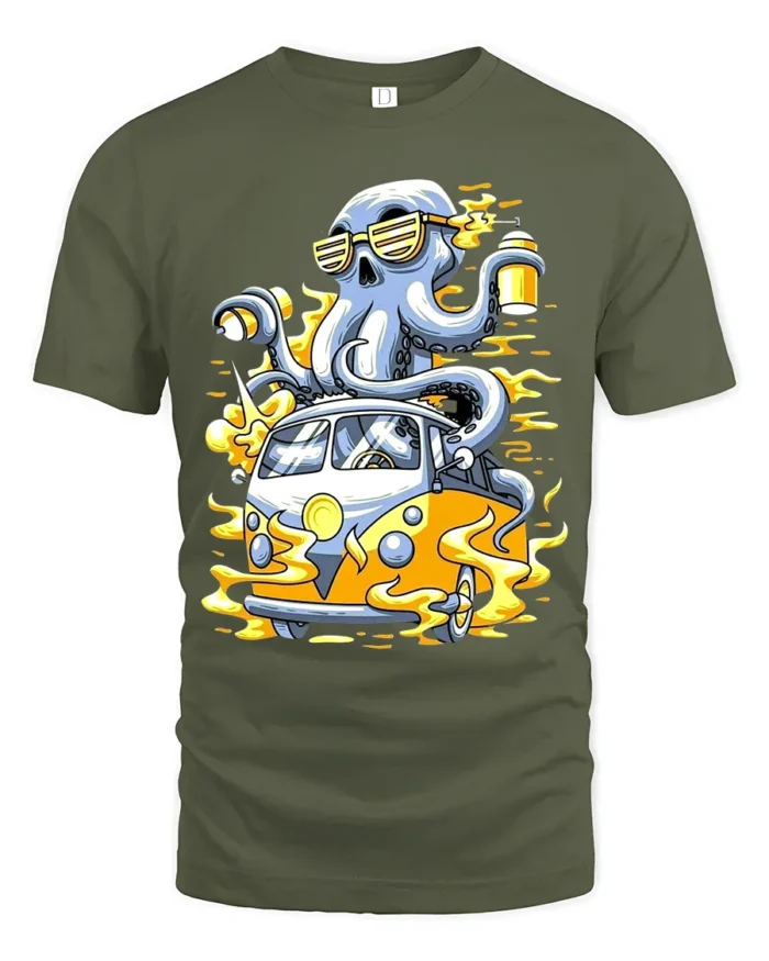 Octopus Van Trip Tee, Funny Sea Creature Road Trip T-Shirt - military green t-shirt on white background