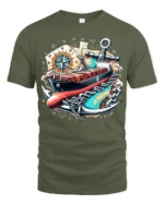 Cargo Ship Anchor Nautical Adventure Graphic T-Shirt - military green t-shirt on white background