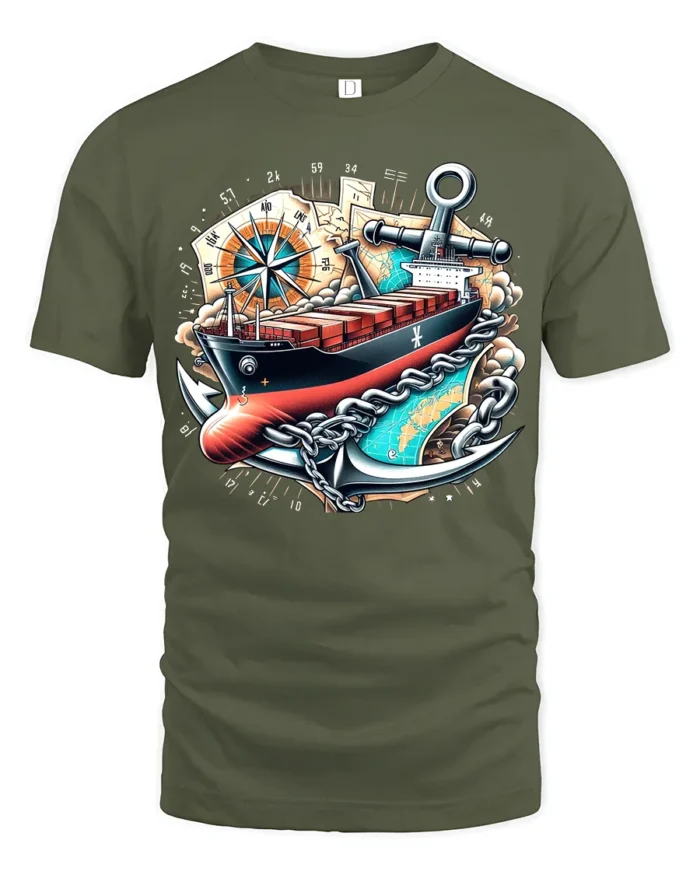 Cargo Ship Anchor  Nautical Adventure Graphic T-Shirt - military green t-shirt on white background
