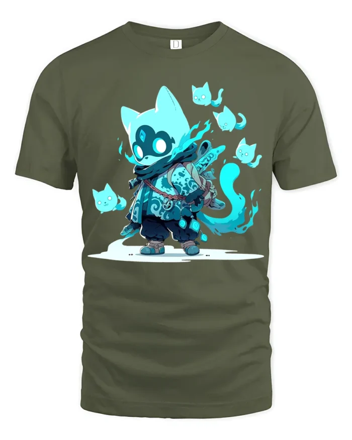 Spirit Cat Warrior Anime Style Feline Ghost T-Shirt - military green t-shirt on white background