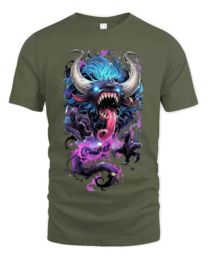 Demon Monster Graphic Scary Horned Beast T-Shirt - military green t-shirt on white background