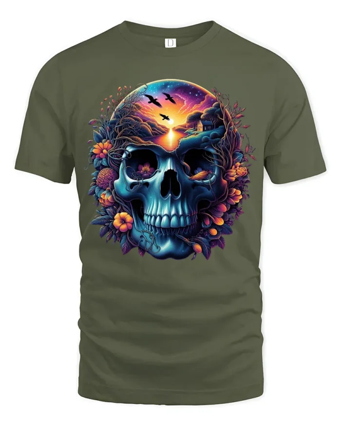Nature Skull Sunset Peaceful Scene Inside Skull T-Shirt - military green t-shirt on white background