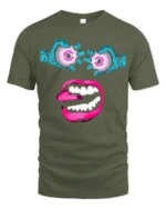 Surreal Monster Face Tee Trippy Eyeball Mouth Graphic - military green t-shirt on white background