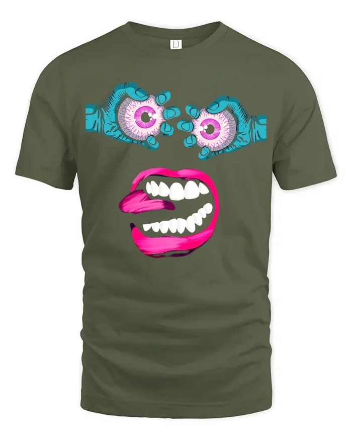 Surreal Monster Face Tee Trippy Eyeball Mouth Graphic - military green t-shirt on white background