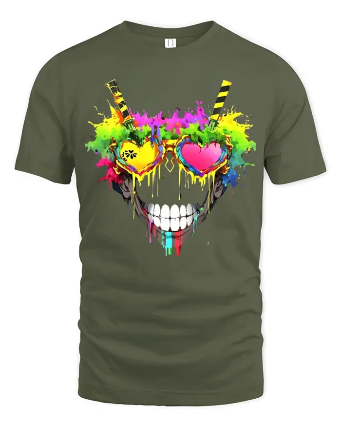 Rainbow Skull Heart Tee Vibrant Skull Sunglasses T-Shirt - military green t-shirt on white background