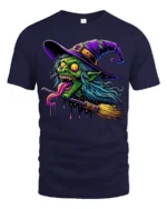 Creepy Witch Flying Halloween Spooky Graphic T-Shirt - navy t-shirt on white background