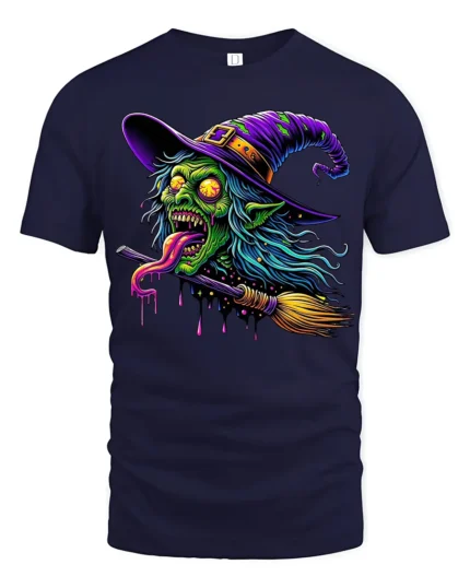Creepy Witch Flying Halloween Spooky Graphic T-Shirt - navy t-shirt on white background