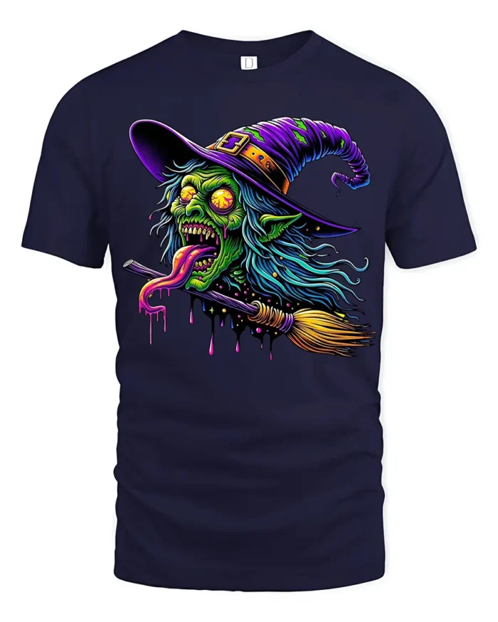 Creepy Witch Flying Halloween Spooky Graphic T-Shirt - navy t-shirt on white background