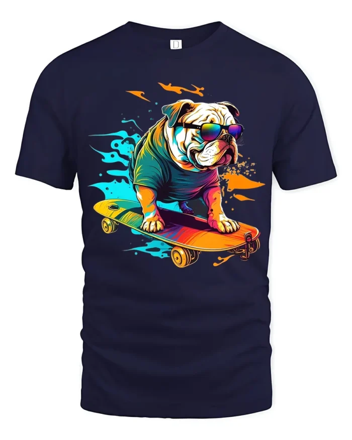 Rad Bulldog Skater T-Shirt Trendy Dog on Skateboard Tee - navy t-shirt on white background