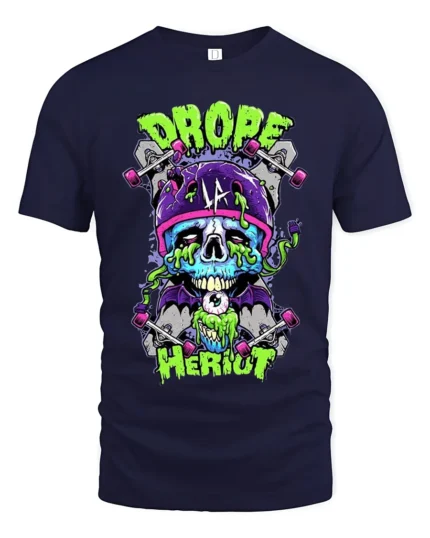 Drope Heriot Skate Tee Cool Skull Skateboard T-Shirt - navy t-shirt on white background