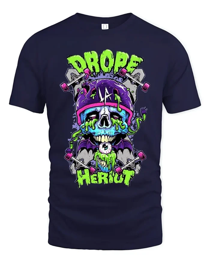 Drope Heriot Skate Tee Cool Skull Skateboard T-Shirt - navy t-shirt on white background