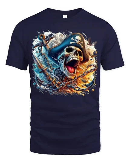 Ocean Pirate Bones Tee Skull and Anchor Graphic Tee - navy t-shirt on white background