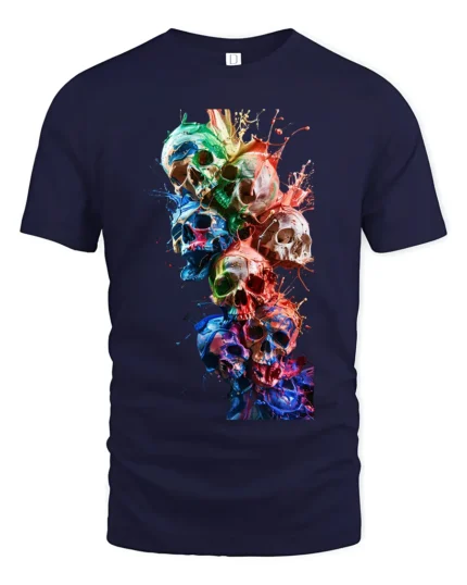 Watercolor Skull Stack Tee Vibrant Skull Art Graphic T-Shirt - navy t-shirt on white background
