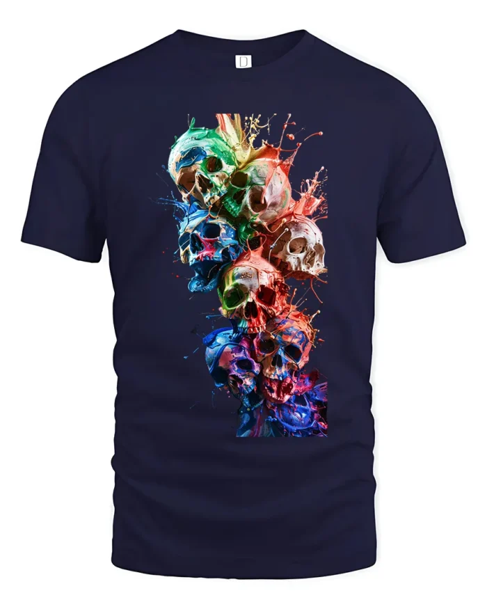 Watercolor Skull Stack Tee Vibrant Skull Art Graphic T-Shirt - navy t-shirt on white background