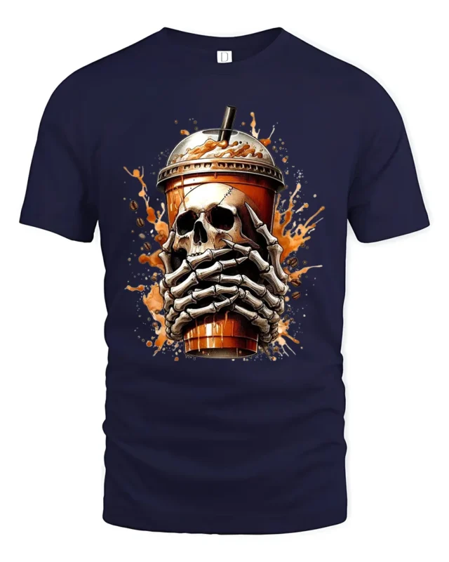 Skull Coffee Break Tee,  Funny Skeleton Drink Graphic T-Shirt - navy t-shirt on white background