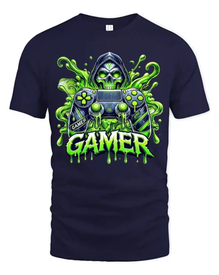 Gamer Skull Controller Tee, Funny Video Game T-Shirt - navy t-shirt on white background