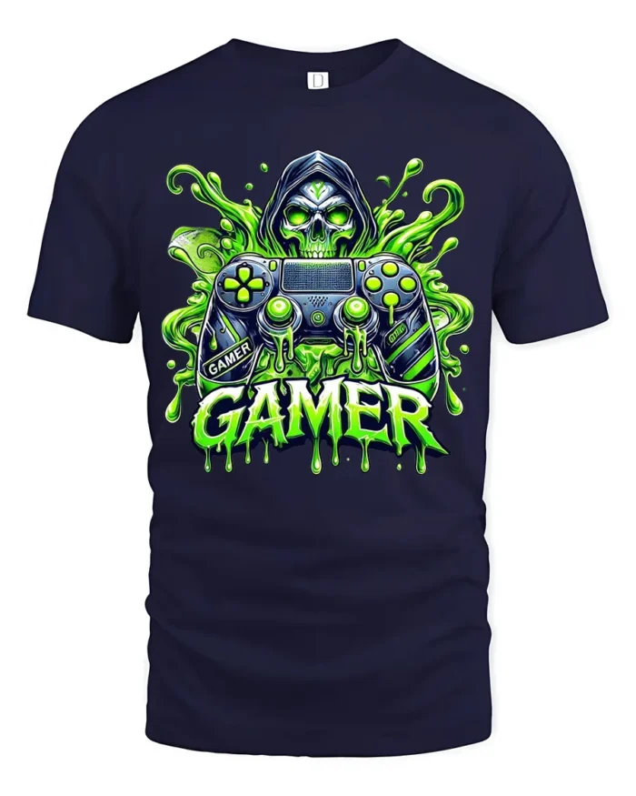 Gamer Skull Controller Tee, Funny Video Game T-Shirt - navy t-shirt on white background