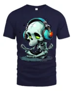 Meditate and Vibrate Tee, Relaxed Skull Music T-Shirt - navy t-shirt on white background