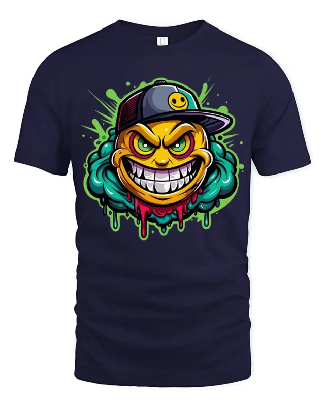 Grinning Emoji Gangster Tee,  Funny Smiley Face T-Shirt - navy t-shirt on white background