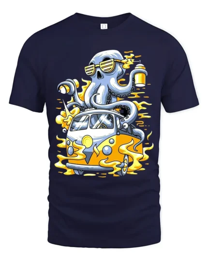 Octopus Van Trip Tee, Funny Sea Creature Road Trip T-Shirt - navy t-shirt on white background