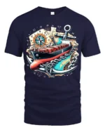 Cargo Ship Anchor Nautical Adventure Graphic T-Shirt - navy t-shirt on white background