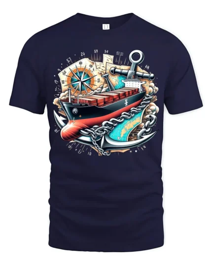 Cargo Ship Anchor  Nautical Adventure Graphic T-Shirt - navy t-shirt on white background
