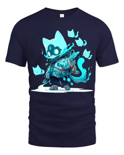 Spirit Cat Warrior Anime Style Feline Ghost T-Shirt - navy t-shirt on white background