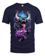 Demon Monster Graphic Scary Horned Beast T-Shirt - navy t-shirt on white background