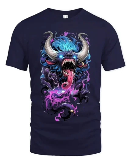 Demon Monster Graphic Scary Horned Beast T-Shirt - navy t-shirt on white background