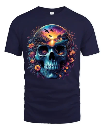 Nature Skull Sunset Peaceful Scene Inside Skull T-Shirt - navy t-shirt on white background