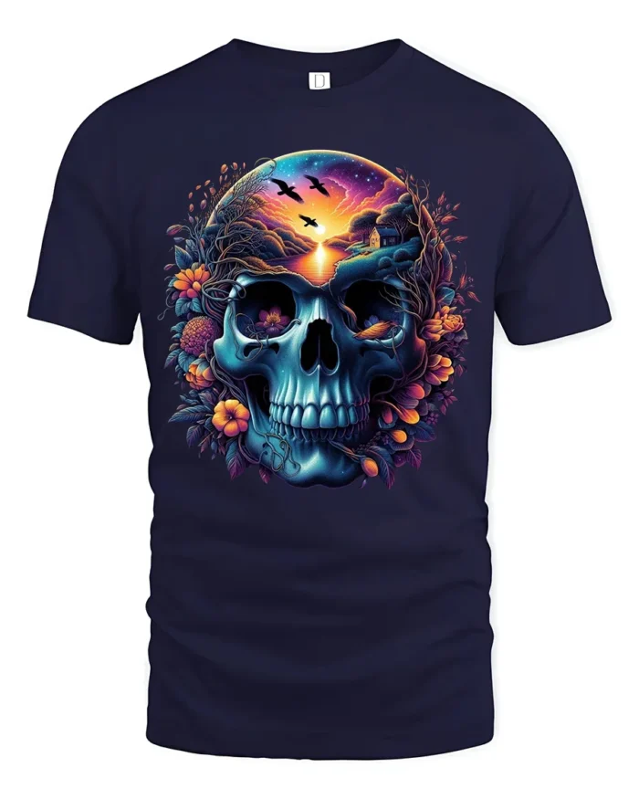 Nature Skull Sunset Peaceful Scene Inside Skull T-Shirt - navy t-shirt on white background