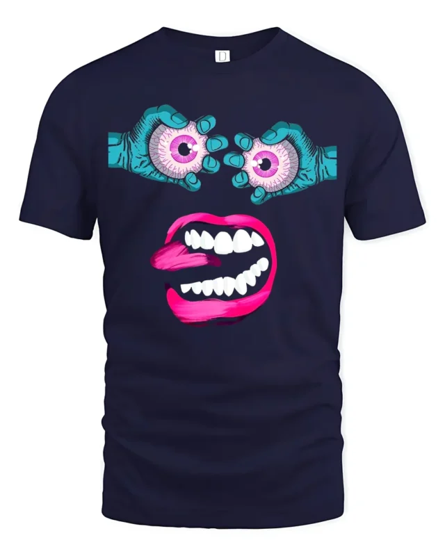 Surreal Monster Face Tee Trippy Eyeball Mouth Graphic - navy t-shirt on white background