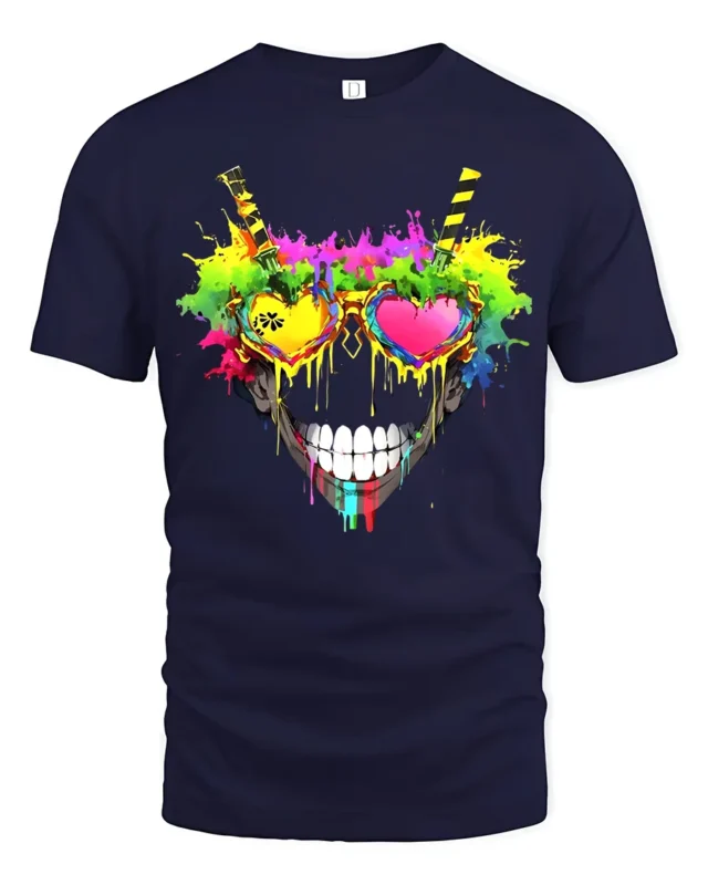 Rainbow Skull Heart Tee Vibrant Skull Sunglasses T-Shirt - navy t-shirt on white background