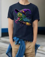Creepy Witch Flying Halloween Spooky Graphic T-Shirt - model wearing navy shirt, hands in pockets