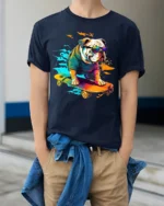 Rad Bulldog Skater T-Shirt Trendy Dog on Skateboard Tee - model wearing navy shirt, hands in pockets