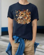 Ornate Cat Design Tee Elegant Patterned Feline T-Shirt - model wearing navy shirt, hands in pockets