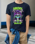 Drope Heriot Skate Tee Cool Skull Skateboard T-Shirt - model wearing navy shirt, hands in pockets