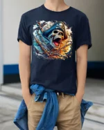 Ocean Pirate Bones Tee Skull and Anchor Graphic Tee - model wearing navy shirt, hands in pockets