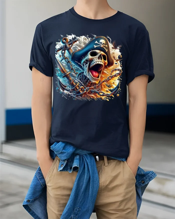 Ocean Pirate Bones Tee Skull and Anchor Graphic Tee - model wearing navy shirt, hands in pockets