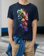 Watercolor Skull Stack Tee Vibrant Skull Art Graphic T-Shirt - model wearing navy shirt, hands in pockets