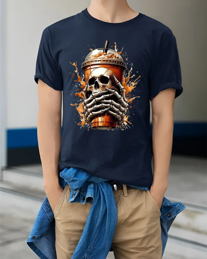 Skull Coffee Break Tee,  Funny Skeleton Drink Graphic T-Shirt - model wearing navy shirt, hands in pockets