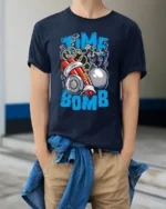 Time Bomb Graphic Tee, Explosive Countdown T-Shirt - model wearing navy shirt, hands in pockets