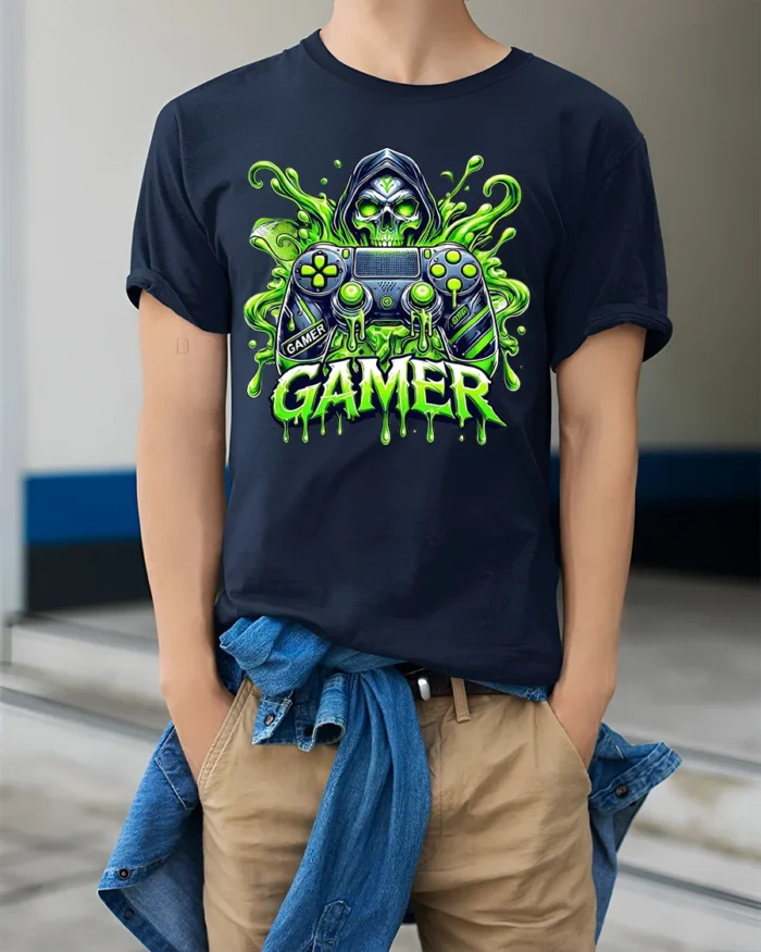 Gamer Skull Controller Tee, Funny Video Game T-Shirt - model wearing navy shirt, hands in pockets