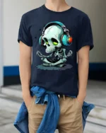 Meditate and Vibrate Tee, Relaxed Skull Music T-Shirt - model wearing navy shirt, hands in pockets