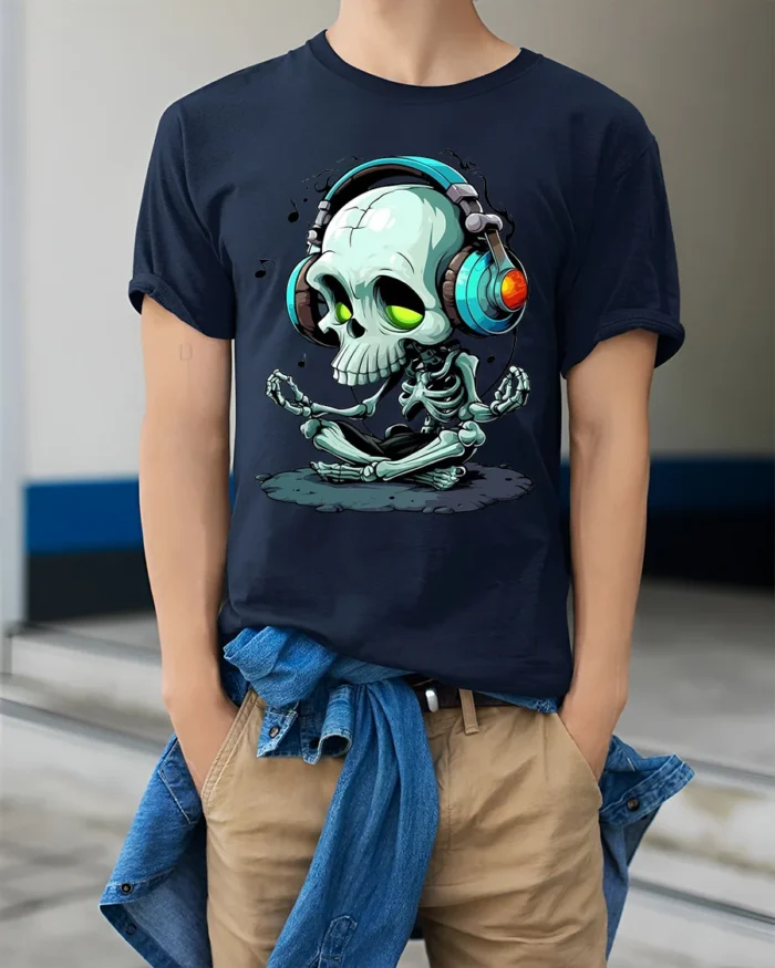 Meditate and Vibrate Tee,  Relaxed Skull Music T-Shirt - model wearing navy shirt, hands in pockets