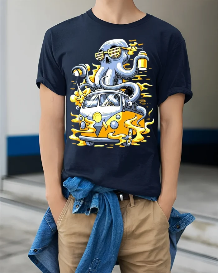 Octopus Van Trip Tee, Funny Sea Creature Road Trip T-Shirt - model wearing navy shirt, hands in pockets