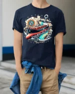 Cargo Ship Anchor Nautical Adventure Graphic T-Shirt - model wearing navy shirt, hands in pockets